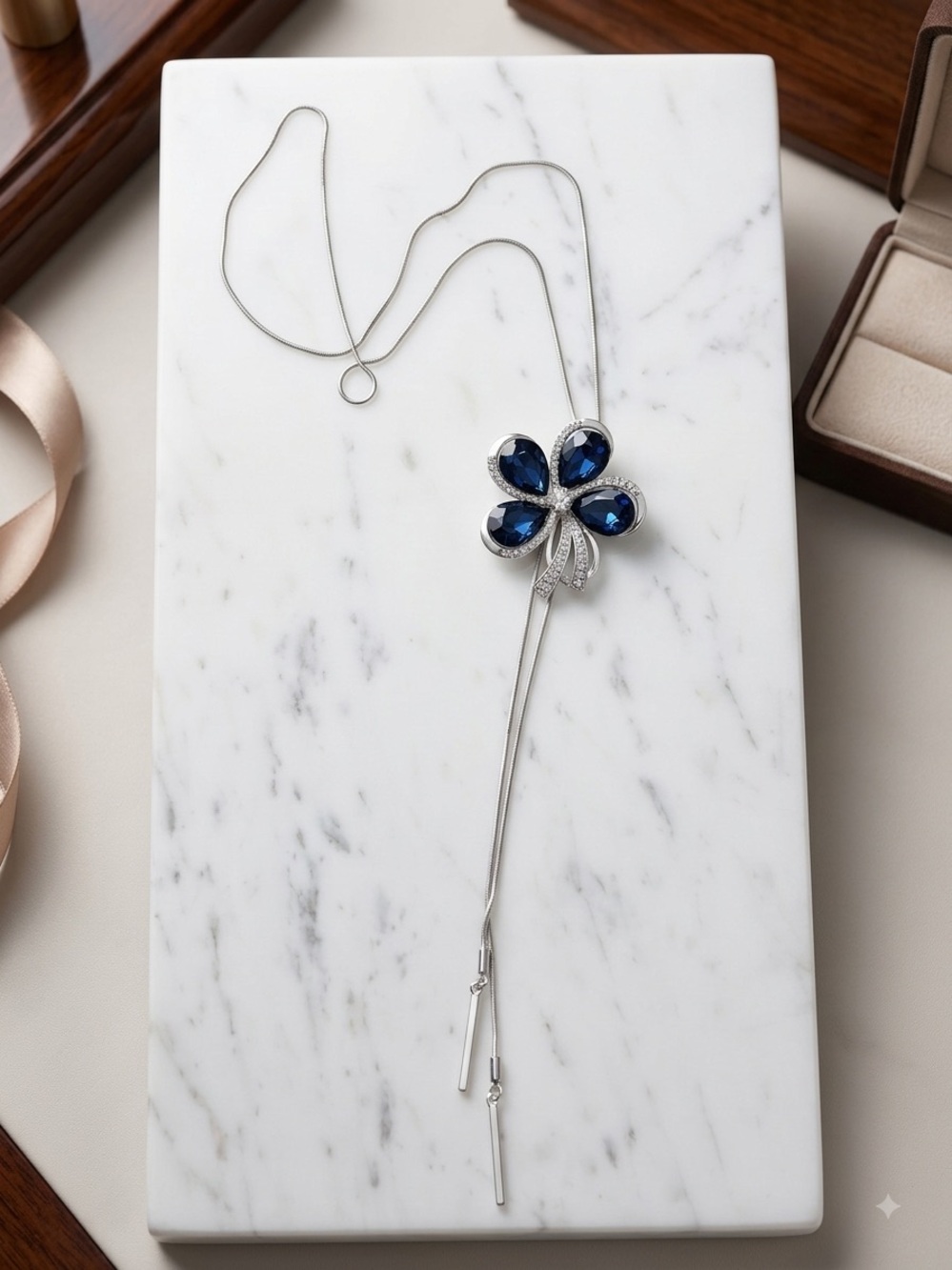 Silver Necklace with Blue Sapphire Flower Pendant